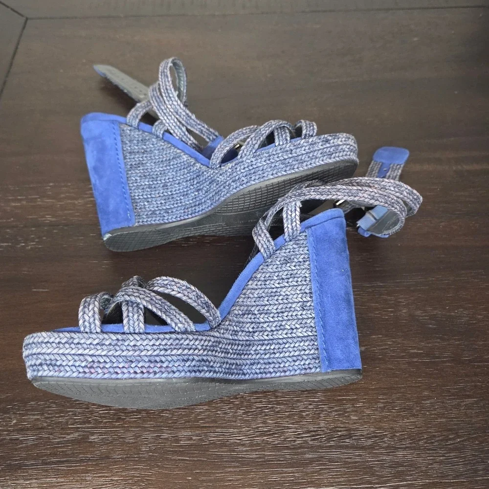 Stuart Weitzman Blue Suede Platform Wedge Sandals Strappy Women's Size 8 - Picture 2 of 10